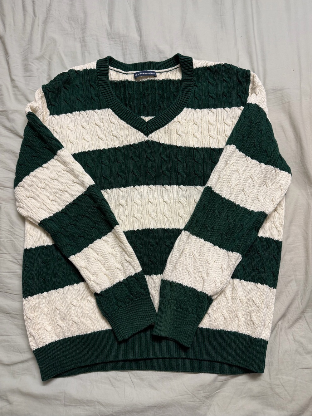 Brandy Melville Cable Knit V-Neck Sweater - Green & White Striped